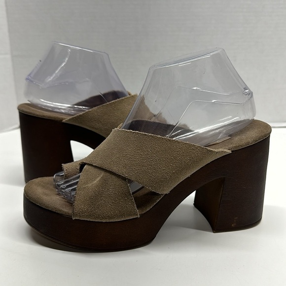 Bionatural Suede Slide Chunky Block Heel Open Toe Sandals Shoes Tan Brown Size 9 - Picture 1 of 10